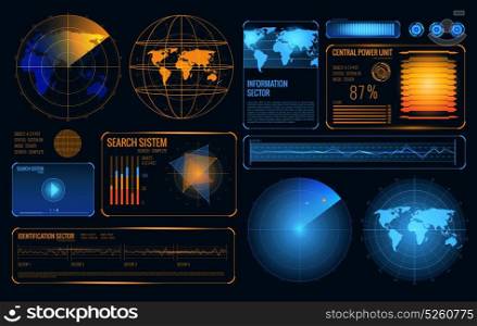 Futuristic Radar Interface Composition. Glowing search radar set of retrieval system control panel user interface elements with graphs and buttons vector illustration