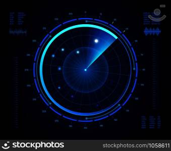 Futuristic radar. Military navigate sonar, army target monitoring screen and radar vision interface map or navy submarine satellite display interface. Aircraft compass vector isolated concept. Futuristic radar. Military navigate sonar, army target monitoring screen and radar vision interface map vector isolated concept