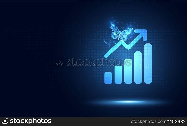 Futuristic raise arrow with bar chart graph and butterfly. Digital transformation abstract technology background. Big data and business growth currency stock market and investment economy concept