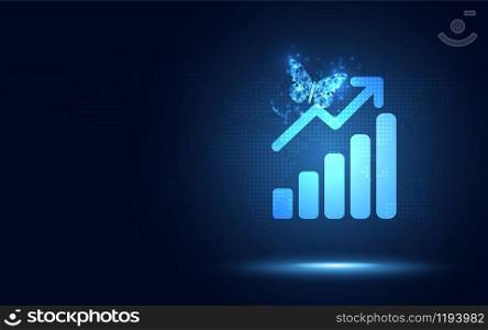 Futuristic raise arrow with bar chart graph and butterfly. Digital transformation abstract technology background. Big data and business growth currency stock market and investment economy concept