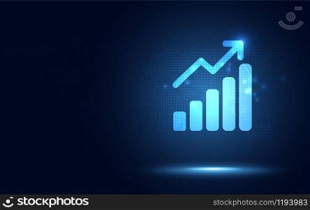 Futuristic raise arrow with bar chart graph digital transformation abstract technology background. Big data and business growth currency stock and investment economy market share concept.