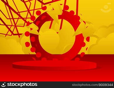 Futuristic red and yellow stage showcase. Sci-fi pedestal podium for presentation. Abstract mockup realistic vector product display. Minimal geometric forms, cylinder with empty scene.