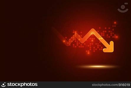 Futuristic red signal trend drop down arrow chart digital transformation abstract technology background. Big data and business growth currency stock and investment indicator of set trade economy