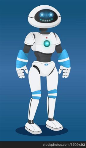 Futuristic robot at blue background, artificial intelligence. Innovative humanized model of robot. Realistic smiling android with hands. Cybernetic science. Electronic droid with sensors amd lamps. Humanized futuristic robot at blue background, artificial intelligence, innovative model of robot