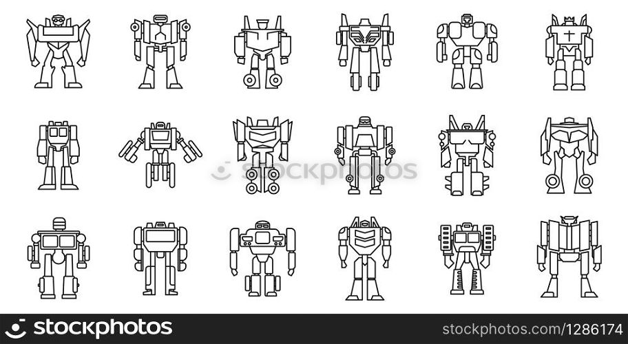 Futuristic robot-transformer icons set. Outline set of futuristic robot-transformer vector icons for web design isolated on white background. Futuristic robot-transformer icons set, outline style