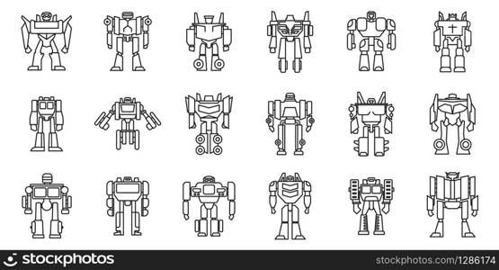 Futuristic robot-transformer icons set. Outline set of futuristic robot-transformer vector icons for web design isolated on white background. Futuristic robot-transformer icons set, outline style