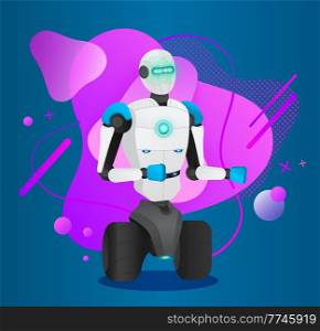 Futuristic robot with wheels and hands, sensors. Artificial intelligence. Innovative humanized model of robot. Android at pink abstract background with dotes, lines, circles. Cybernetic science. Futuristic humanized robot with wheels, artificial intelligence, cybernetic science, electronics