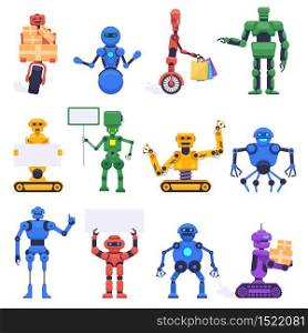 Futuristic robots. Robotics android bot, mechanical humanoid robot characters, robotic mascot assistant, isolated vector illustration icons set. Robotic humanoid, futuristic machine cyborg. Futuristic robots. Robotics android bot, mechanical humanoid robot characters, robotic mascot assistant, isolated vector illustration icons set