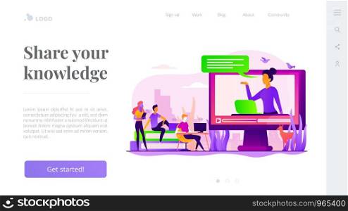 Futuristic school learning environment. On-demand webinar, lecturing. Online teaching, share your knowledge, English teacher online concept. Website homepage header landing web page template.. Online teaching landing page template