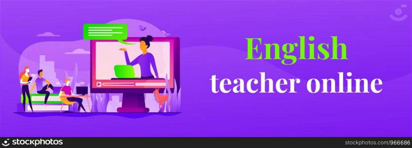 Futuristic school learning environment. On-demand webinar, lecturing. Online teaching, share your knowledge, English teacher online concept. Header or footer banner template with copy space.. Online teaching web banner concept