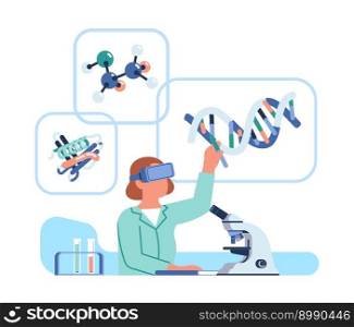 Futuristic scientist in VR headset. Woman creates chemical compounds and structures in virtual reality. Chemist researching molecules with digital glasses and microscope. Chemistry lab. Vector concept. Futuristic scientist in VR headset. Woman creates chemical compounds and structures in virtual reality. Chemist researching molecules with digital glasses and microscope. Vector concept