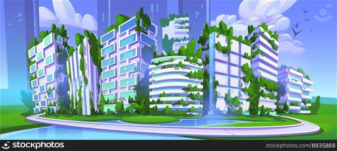Futuristic smart city with eco buildings. Future sustainable town cityscape with houses and offices with garden on rooftop and waterfall, green trees and grass, pond, vector illustration. Futuristic smart city with eco buildings