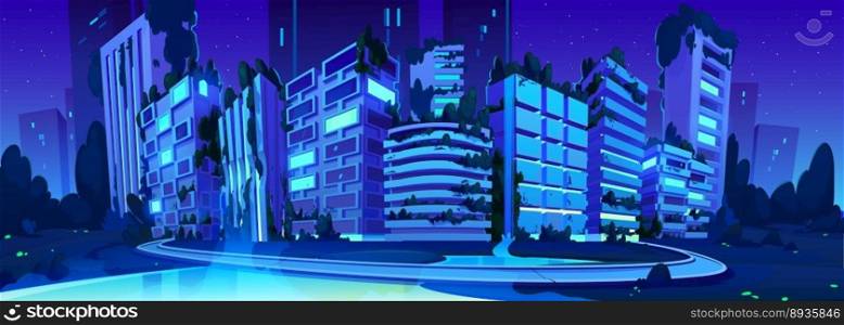 Futuristic smart night city, eco buildings with neon glowing. Future sustainable town cityscape, houses and offices with garden on rooftop and waterfall, dark trees and grass, pond vector illustration. Futuristic smart night city with eco buildings