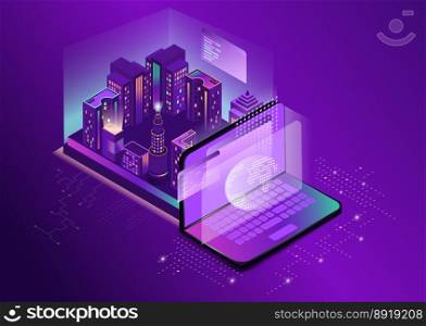 Futuristic smart night city. Residential urban buildings and high-rise buildings and a laptop in an isometric flat design. Vector.. Futuristic smart night city. Residential urban buildings and high-rise buildings and a laptop in an isometric flat design. Vector