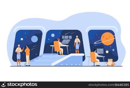 Futuristic space station interior with human and robotic crew. People and robots monitoring galaxy. For interstellar spaceship bridge, science fiction, intergalactic travel concept
