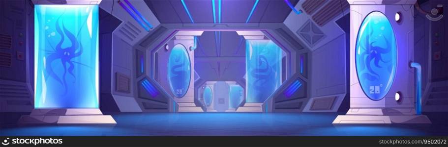 Futuristic spaceship interior corridor and capsule inside. Space ship with science lab and cryogenic hibernation technology container. Neon light in laboratory hall with door. Cryopod panel vector. Futuristic spaceship interior corridor and capsule
