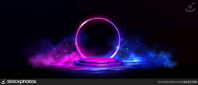 Futuristic stage with neon light circle frame and podium on water surface. Empty studio interior with round platform, glow ring and smoke with sparkles, vector realistic illustration. Futuristic stage with neon light frame and podium