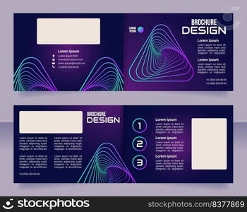 Futuristic technology exhibition bifold brochure template design. Half fold booklet mockup set with copy space for text. Editable 2 paper page leaflets. Roboto Light, Bebas Neue, Audiowide fonts used. Futuristic technology exhibition bifold brochure template design