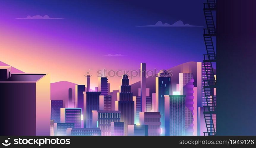 Futuristic urban landscape. Cyberpunk town with neon light and colored reflection digital city buildings vector. Illustration skyline building, futuristic street cityscape. Futuristic urban landscape. Cyberpunk town with neon light and colored reflection digital city buildings vector