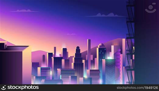 Futuristic urban landscape. Cyberpunk town with neon light and colored reflection digital city buildings vector. Illustration skyline building, futuristic street cityscape. Futuristic urban landscape. Cyberpunk town with neon light and colored reflection digital city buildings vector