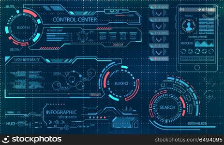 Futuristic User Interface. Virtual Graphic Touch UI for VR. HUD Infographic Elements for Motion Design. Futuristic User Interface. Virtual Graphic Touch UI for VR. HUD Infographic Elements for Motion Design - Illustration Vector