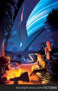 Futuristic vector illustration featuring mankind in the future are enjoying the campfire inside the massive habitat on another planet somewhere in the universe.