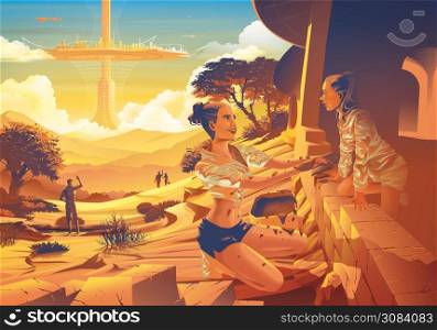Futuristic vector illustration featuring the far future era of the family helping each other to build the earth house that has the flying futuristic city in the background.