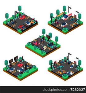 Futuristic Vehicles Isometric Concept. Futuristic vehicles isometric concept with new generation cars road parking zone on squares isolated vector illustration