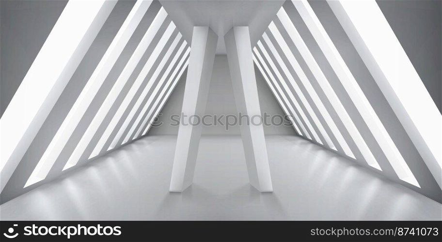 Futuristic white interior with rectangular columns and large windows. Realistic architecture design of modern rooftop open space for art gallery, museum, office or apartment. Vector illustration. Futuristic white interior with rectangular columns