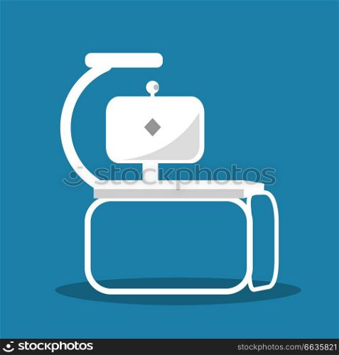 Futuristic workspace vector illustration. White table with computer with webcam and l&on it isolated on blue background. Comfortable and stylish design of work place with modern equipment.. Modern Futuristic White Workspace Illustration