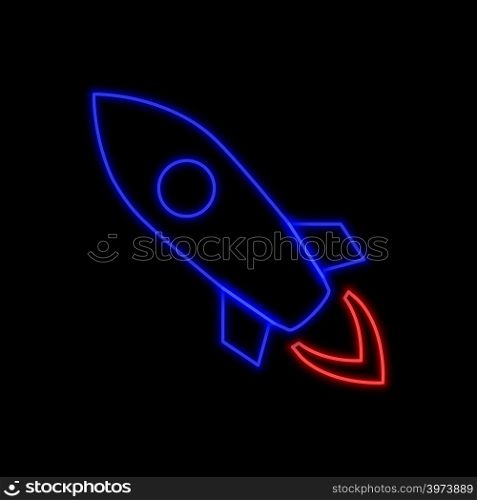Fying rocket neon sign. Bright glowing symbol on a black background. Neon style icon.