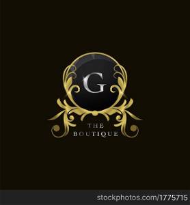 G Letter Golden Circle Shield Luxury Boutique Logo, vector design concept for initial, luxury business, hotel, wedding service, boutique, decoration and more brands.