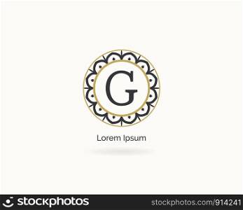 G letter golden logo design, luxury and elegant letter g monogram. Floral style frame, mandala and ornamental illustration.