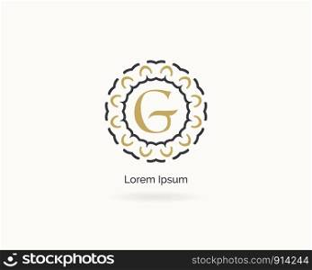 G letter golden logo design, luxury and elegant letter g monogram. Floral style frame, mandala and ornamental illustration.