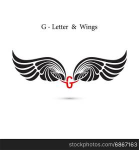 G-letter sign and angel wings.Monogram wing logo mockup.Classic emblem.Elegant dynamic alphabet letters with wings.Creative design element.Corporate branding identity.Flat web design wings icon.Vector illustration.