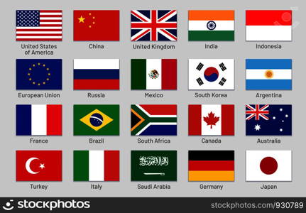G20 countries flags. Major world advanced and emerging economies states, official Group of Twenty flag labels. International financial summit forum meeting flags symbols. Isolated vector icons set. G20 countries flags. Major world advanced and emerging economies states, official Group of Twenty flag labels vector set
