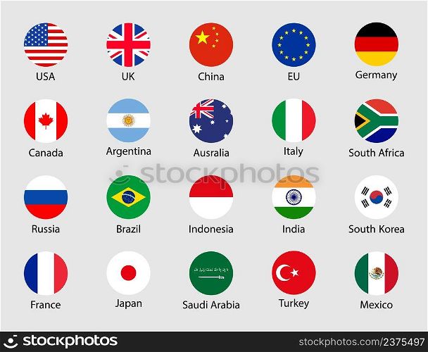 G20 country flags. G20 round icons. China, korea, brazil, mexico, usa, japan, indonesia, canada, france, argentina, saudi arabia, india, germany, south africa, italy, australia, turkey, uk. Vector.