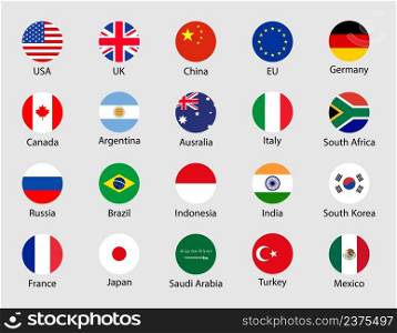 G20 country flags. G20 round icons. China, korea, brazil, mexico, usa, japan, indonesia, canada, france, argentina, saudi arabia, india, germany, south africa, italy, australia, turkey, uk. Vector.