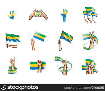 Gabon flag and hand on white background. Vector illustration.. Gabon flag and hand on white background. Vector illustration