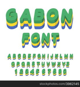 Gabon font. Gabonese flag on letters. National Patriotic alphabet. 3d letter. State color symbolism of state in Central Africa