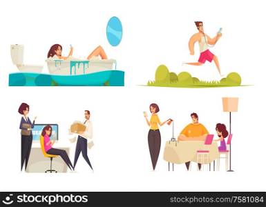 Gadget addiction 2x2 design concept with men and women addicted to gadgets with social media at home in office and outdoor vector illustration