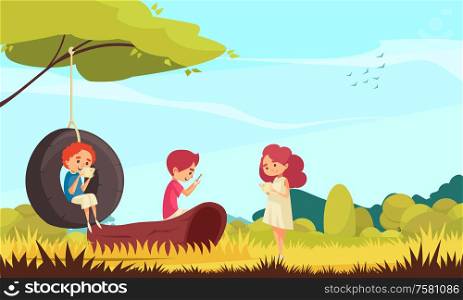 Gadget addiction carton vector illustration with with children and adult person on nature communicating by different gadgets