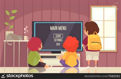 Gadget addiction colored background with school children playing together video games on game console cartoon vector illustration
