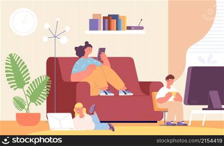 Gadget addiction. Family use gadgets, sister brother sitting living room and play in computer or smartphone. Teen in social media vector. Family with smartphone gadget, addiction mobile illustration. Gadget addiction. Family use gadgets, sister brother sitting in living room and play in computer or smartphone. Teen in social media utter vector concept