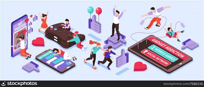 Gadget addiction isometric narrow set with social network and games symbols isolated vector illustration