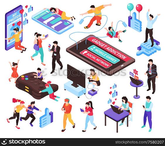 Gadget addiction isometric set with social network symbols isolated vector illustration