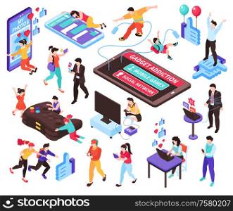 Gadget addiction isometric set with social network symbols isolated vector illustration