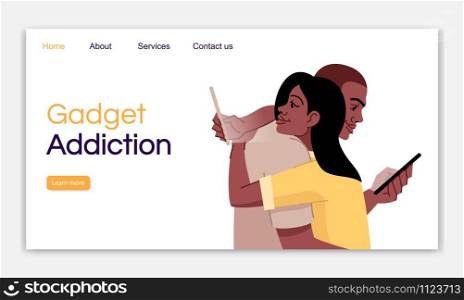 Gadget addiction landing page vector template. Smartphone obsession website interface idea with flat illustrations. Technology mania homepage layout. Fanaticism web banner, webpage cartoon concept