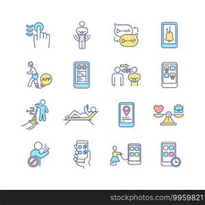 Gadget addiction RGB color icons set. Online texting. Social media addict. Smartphone screen with application. Digital device. Internet communication. Isolated vector illustrations. Gadget addiction RGB color icons set