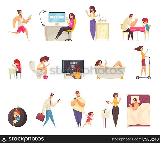 Gadget addiction set of people using smartphones to communicate read online news play games indoor and outdoor isolated vector illustration